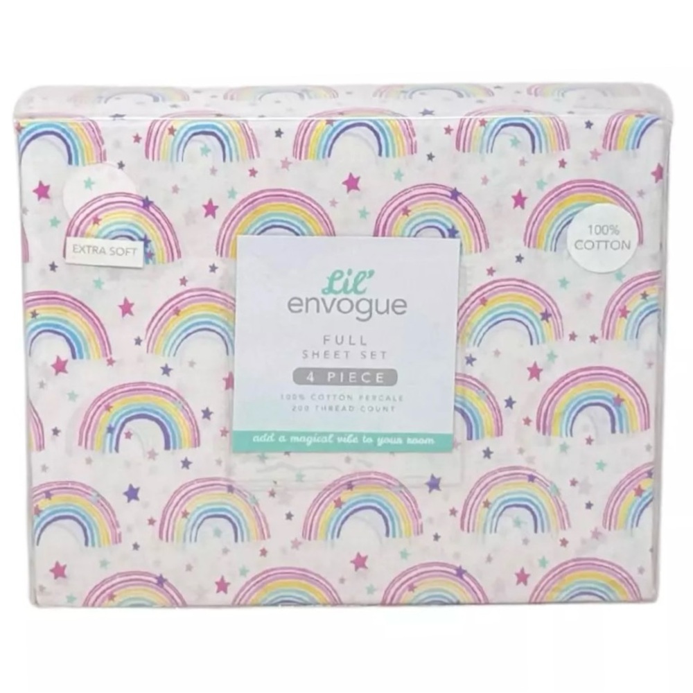Lil ENVOGUE FULL 4 PC Soft Cotton Percale Bright Rainbow & Stars Sheet Set  NEW